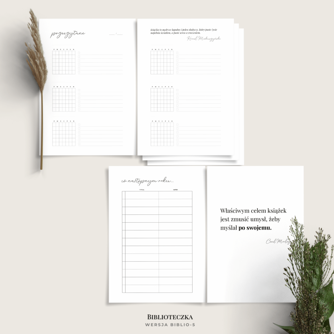 Planer czytania - biblioteczka - spis książek - minimalistyczny - 5 wariantów - Książki w miesiącu BIBLIO5
