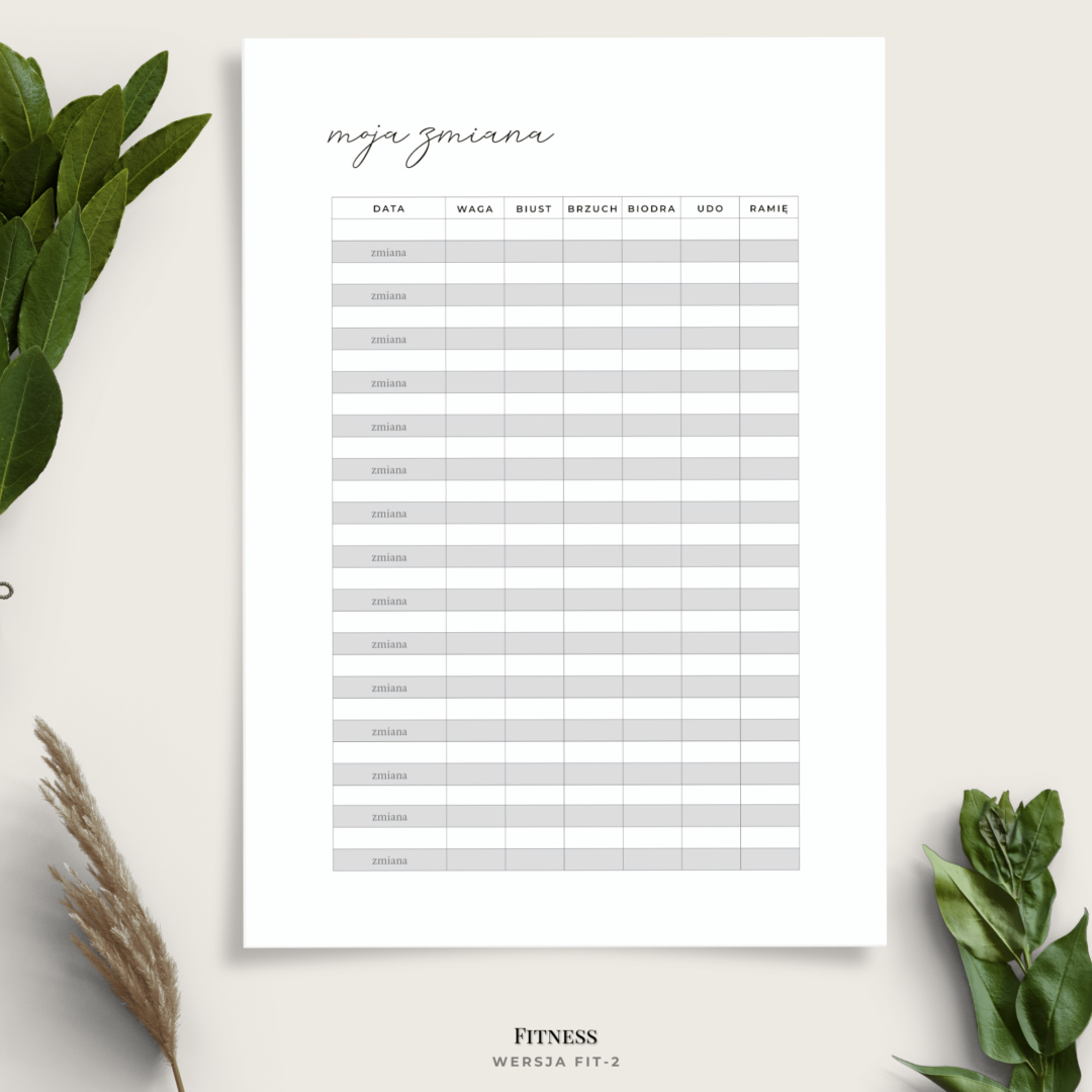 Planer fitness - plan ćwiczeń, kroków i sportu - minimalistyczny - 6 wariantów - Tabela wymiarów FIT2