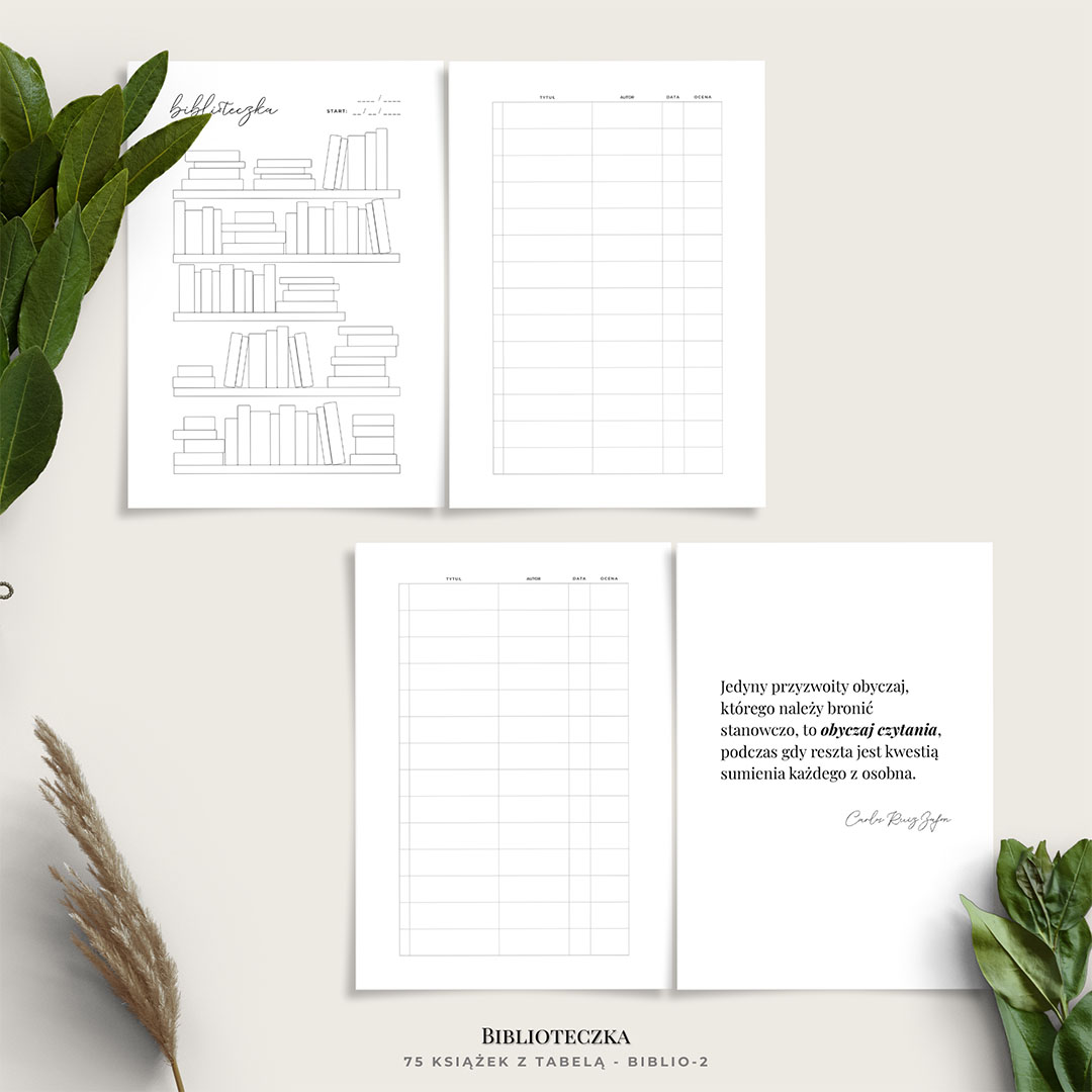 Planer czytania - biblioteczka - spis książek - minimalistyczny - 5 wariantów - Biblioteczka 75 z tabelą BIBLIO2