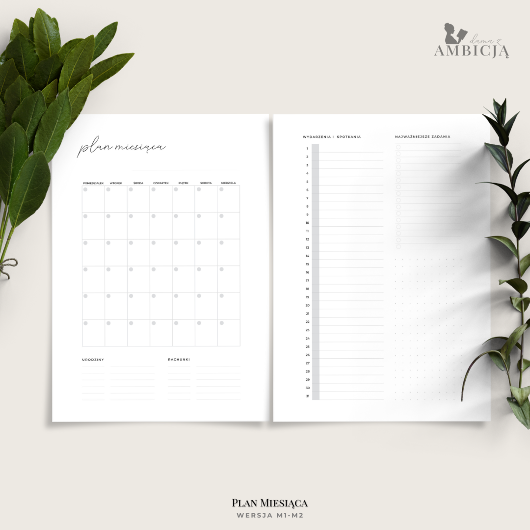 Planer miesiąca - plan miesięczny - minimalistyczny - 4 warianty - M1-2