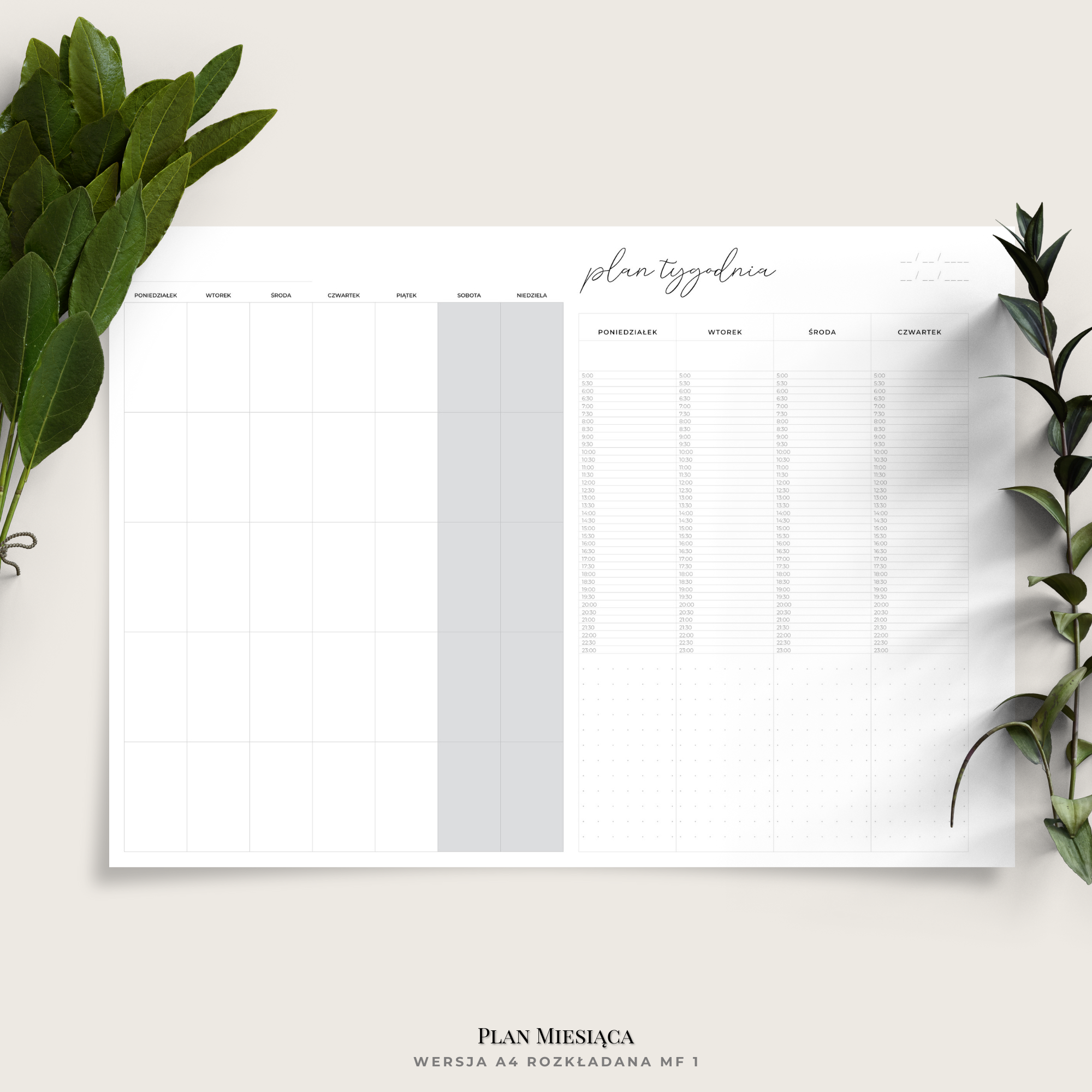 Planer miesiąca A4 rozkładany - plan miesięczny - minimalistyczny - 2 warianty